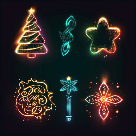 Set of neon christmas icons. Vector illustration in neon style.のイラスト素材