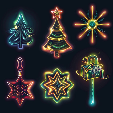 Set of neon christmas tree icons. Vector illustration in neon styleのイラスト素材
