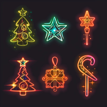 Set of neon Christmas tree icons. Vector illustration in neon style.のイラスト素材