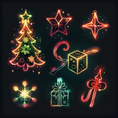 Christmas and New Year set of neon icons on a dark background.のイラスト素材