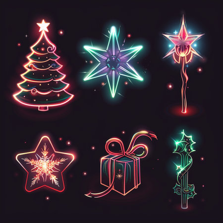 set of neon christmas icons, vector illustration eps10 graphicのイラスト素材