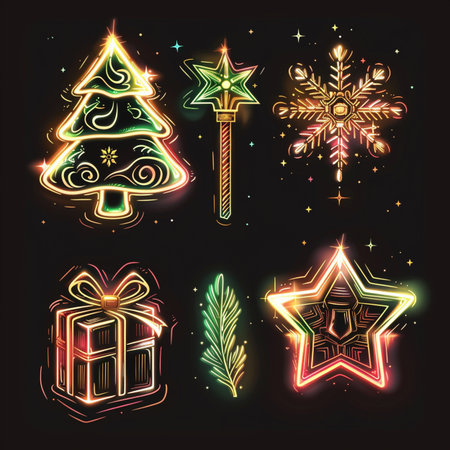 set of christmas icons in neon style vector illustration graphic design.のイラスト素材