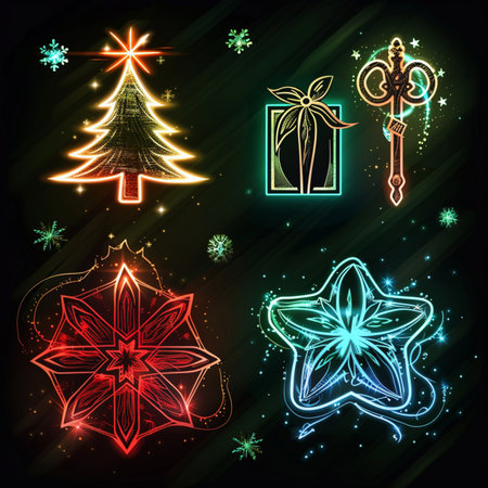 Set of Christmas and New Year symbols on a black background. Vector illustration.のイラスト素材