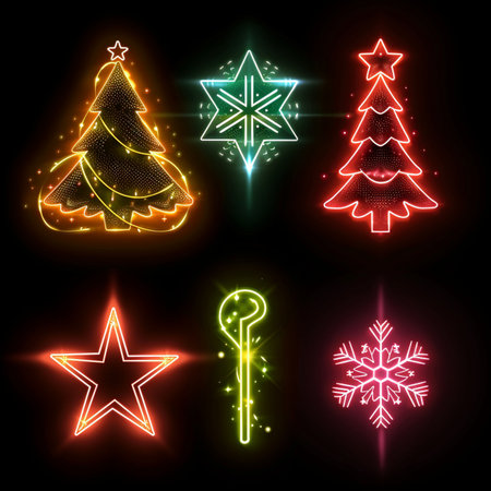 Set of neon christmas tree icons on black background. Vector illustrationのイラスト素材