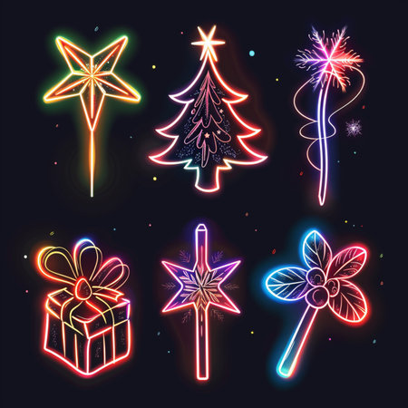 Set of neon Christmas and New Year symbols on a dark background.のイラスト素材