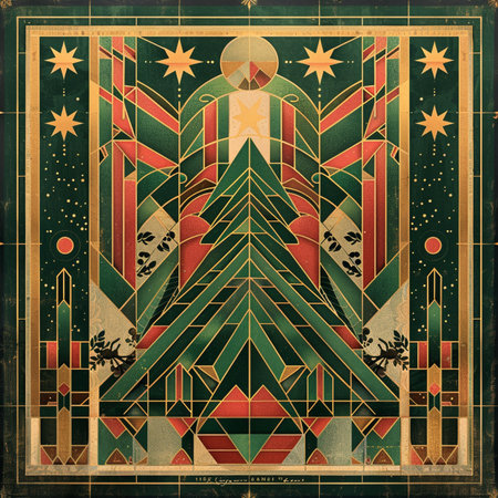 Grunge christmas card with abstract geometric pattern on green backgroundの素材