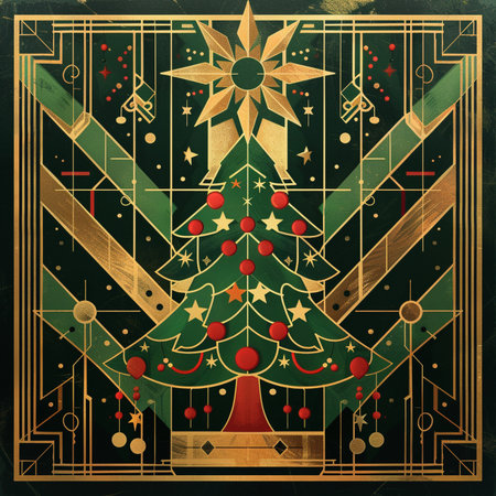 Retro Christmas card with tree and snowflakes. Vector illustration.の素材