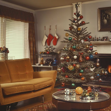 Christmas living room interior with christmas tree and fireplace. Vintage styles.の素材