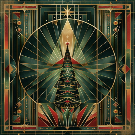 Vintage Christmas card with Christmas tree and geometrical elements.の素材