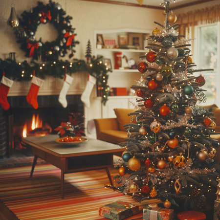 Christmas tree and fireplace in the living room at home. Vintage styles.の素材