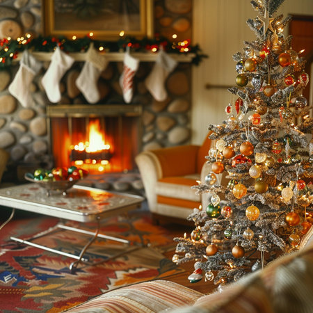Christmas tree in a living room with fireplace and christmas decorations.の素材