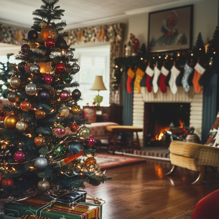 Decorated Christmas tree in living room with fireplace and armchairの素材