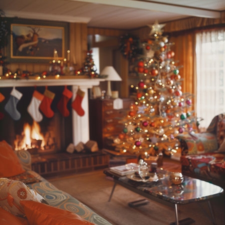 Christmas living room with Christmas tree and fireplace. Selective focus.の素材