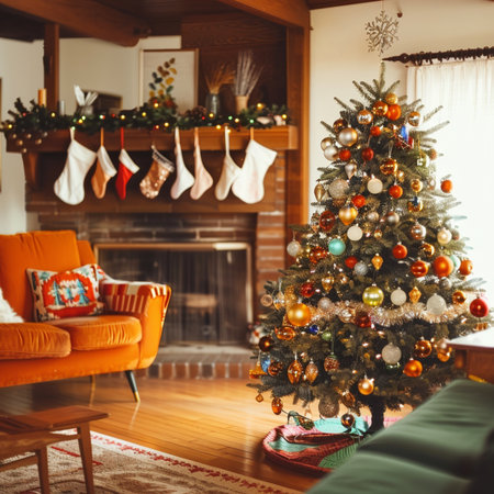 Interior of living room decorated for Christmas. Living room with Christmas tree, orange sofa, armchair and fireplace.の素材