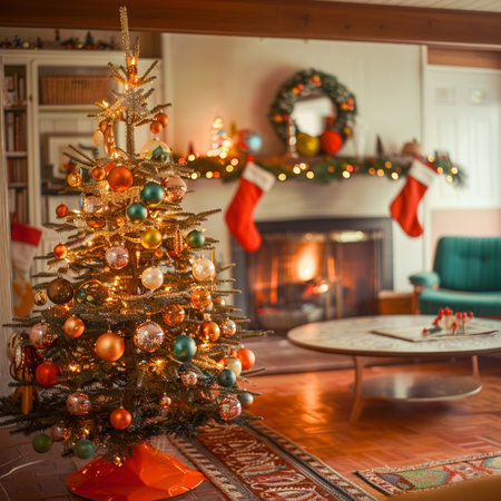 Christmas tree in a living room with a fireplace on the background.の素材