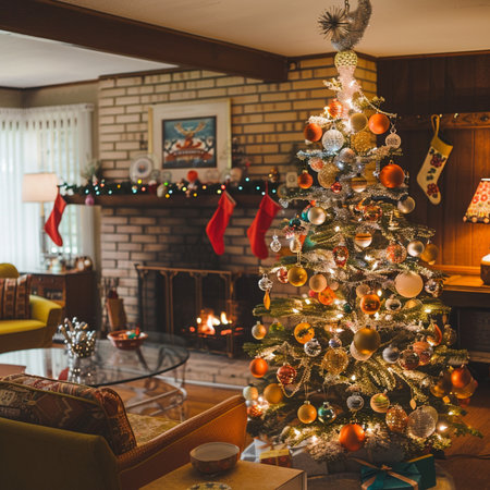Christmas tree in living room with fireplace and christmas decorations. New Year conceptの素材