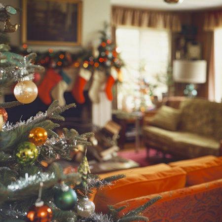 Christmas living room interior with christmas tree and decorations. Vintage tonedの素材