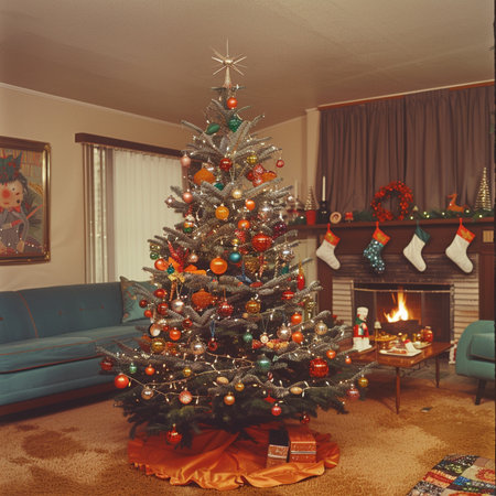 Decorated christmas tree in living room with fireplace and presentsの素材