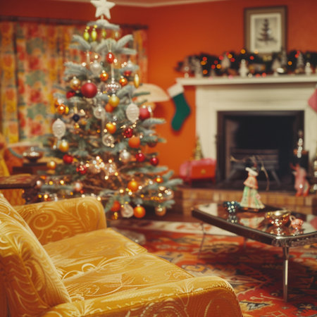 Christmas living room interior with Christmas tree and fireplace. Blurred background.の素材
