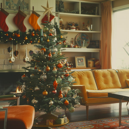 Christmas tree in the living room with a fireplace and a yellow sofaの素材