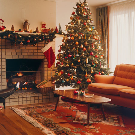 Christmas living room with decorated fir tree and fireplace. Winter holidays concept.の素材