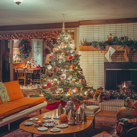 Interior of living room with christmas tree and presents on the tableの素材