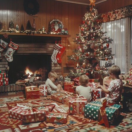 Children opening Christmas presents near the fireplace at home. Merry Christmas and Happy New Year!の素材