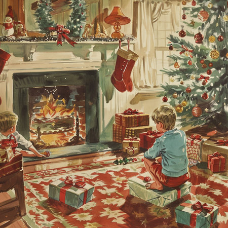 Children sitting by the fireplace in a room decorated for Christmas and New Yearの素材