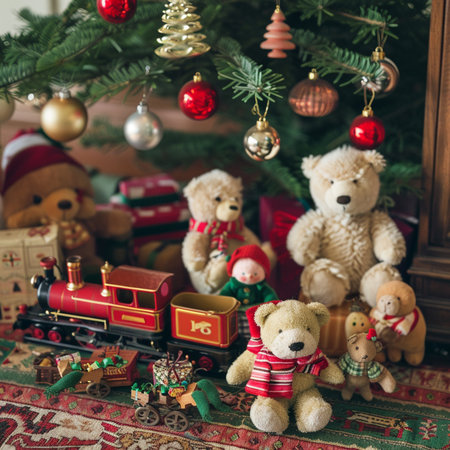 Christmas decoration with teddy bear and toy train near the Christmas treeの素材