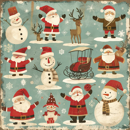 Retro Christmas background with Santa Claus, snowman, reindeer and snowmanの素材
