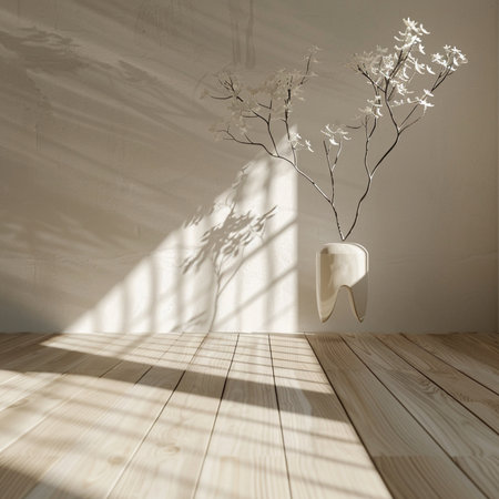 Wooden floor with vase plant and shadow on the wall.の素材