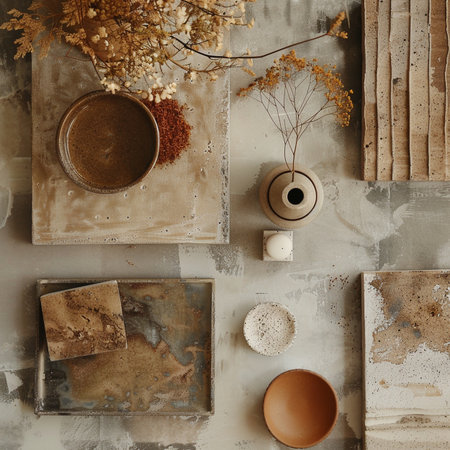 Flat lay composition with cup of coffee, books, candles and dried flowers on grunge backgroundの素材