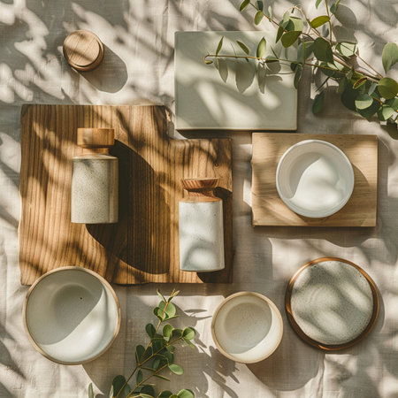 top view of wooden plates, bowls and vases on table in sunlightの素材