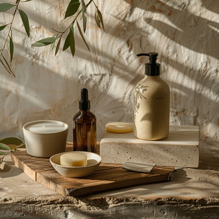 Spa still life with cosmetic products and olive branch on light backgroundの素材