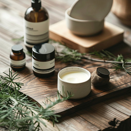 Herbal cosmetic products on wooden table, closeup. Beauty treatment conceptの素材