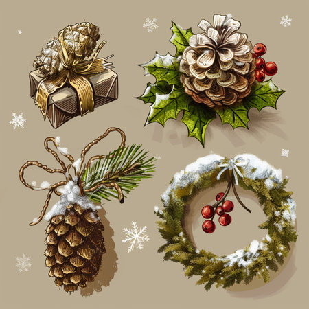 Christmas and New Year decoration set with pine cones, holly berry, gift box, fir branches and snowflakes. Vector illustration.のイラスト素材
