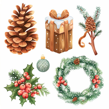 Set of Christmas and New Year elements. Christmas tree branches, pine cones, holly berries, snowflakes, pine cones, mistletoe. Vector illustration.のイラスト素材