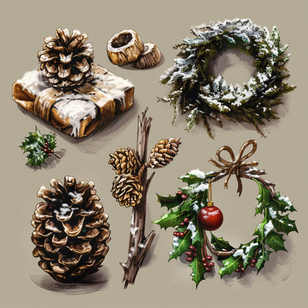 Christmas and New Year set with pine cones, holly berry, fir branches, candy canes, mistletoe, Christmas wreath.のイラスト素材