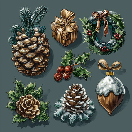 Christmas and New Year set with pine cones, holly berries, mistletoe and gift boxes. Vector illustration.のイラスト素材