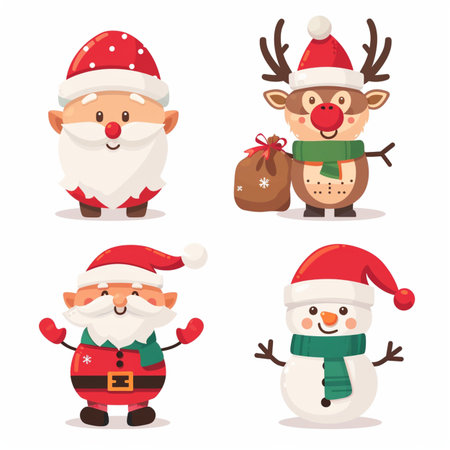 Santa Claus, Reindeer, Snowman and Reindeer Christmas Characters Set, Vector Illustrationのイラスト素材