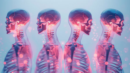 Digital Illustration of Human Skeleton Skull Bone anatomy in color backgroundの素材