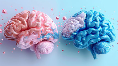 3d illustration of human brain and brain in blue and pink colorの素材