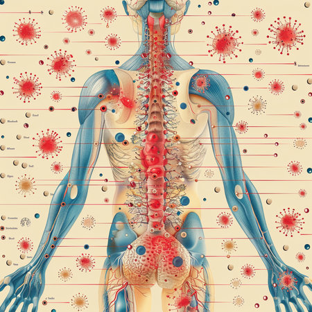 Human body anatomy with blood vessels and virus cells. Vector illustration.の素材