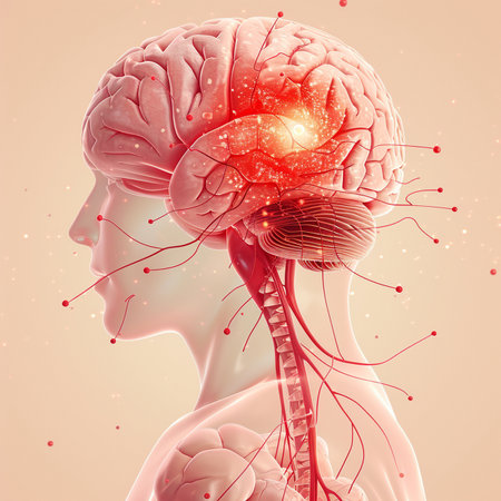 Human brain with neurons and nervous system, 3D illustration, medical backgroundの素材