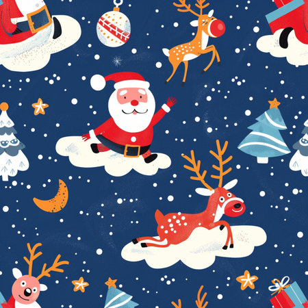Seamless pattern with Santa Claus, reindeer, Christmas tree and snowflakesの素材