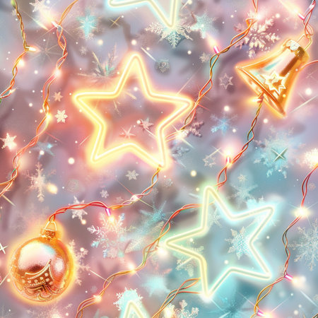 Christmas and New Year background with Christmas tree toys, stars and snowflakesの素材