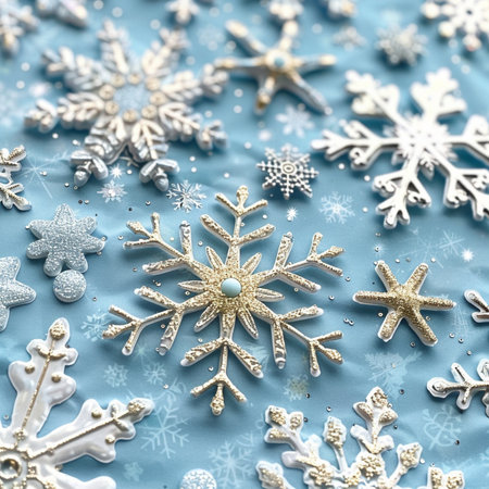 Snowflakes on blue background. Flat lay, top view.の素材