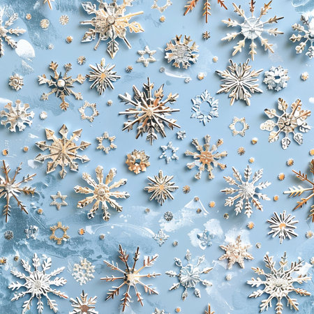 Christmas background with snowflakes. Flat lay, top view.の素材