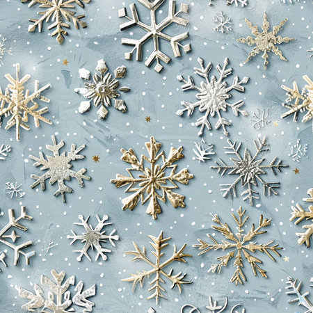 Snowflakes on blue background. Flat lay, top view. Christmas backgroundの素材