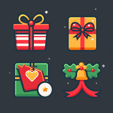 Christmas icons set. Vector illustration in flat style. Isolated on black background.のイラスト素材